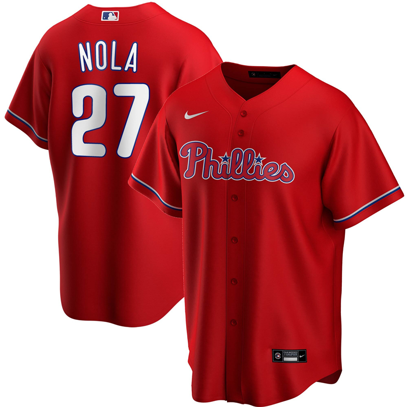 2020 MLB Men Philadelphia Phillies #27 Aaron Nola Nike Red Alternate 2020 Replica Player Jersey 1